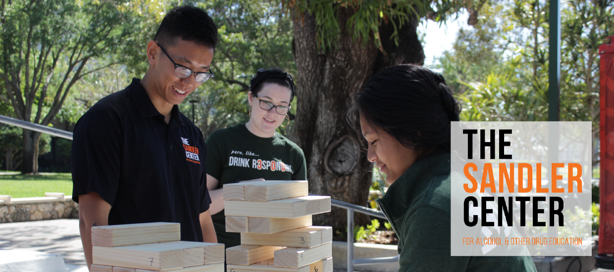 The Sandler Center For Alcohol & Other Drug Education Logo over peer educators hosting an event